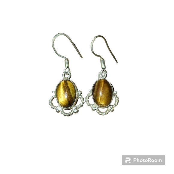 Jewelry - Vintage silver and brown tiger eye stone dangle earrings with earwire cl…